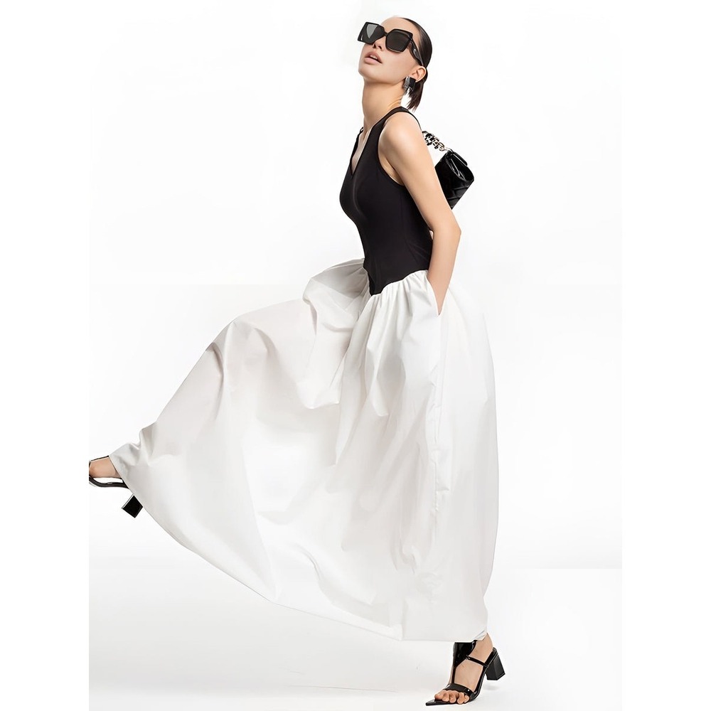 Commense Black & White Maxi Dress V Neck Sleeveless Evening Party Gown Size S - Picture 5 of 5